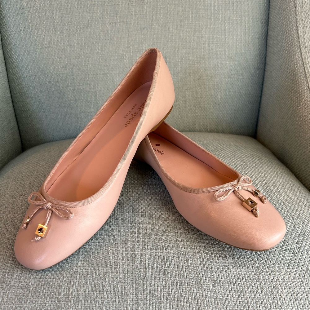 kate spade Neutral Pink Leather Ballet Flats with Bow & Gold Accent